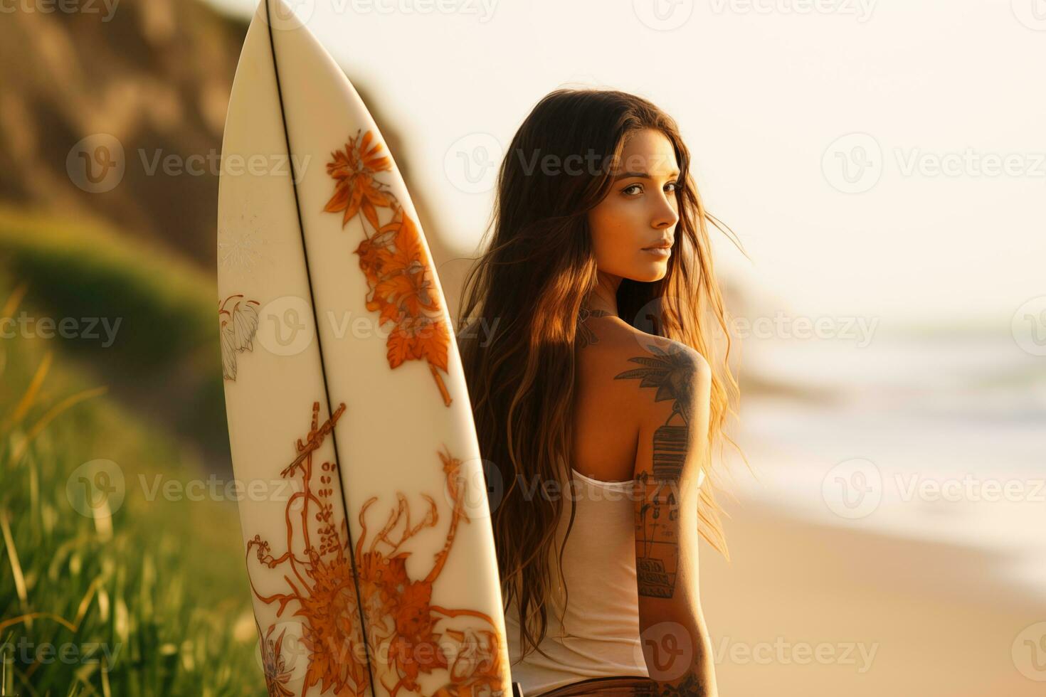 ai gegenereerd mooi surfer meisje met surfboard Aan de zanderig strand. vrouw surfer, water sport. gezond actief levensstijl. surfen. extreem sport. foto