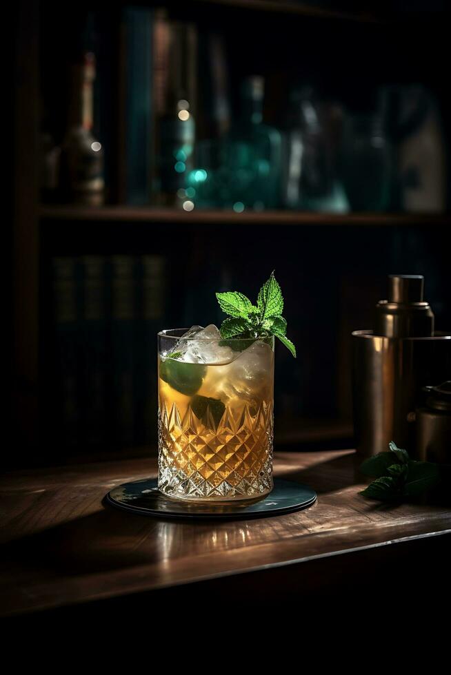 een verfrissend cocktail zittend Aan een tafel ai gegenereerd foto