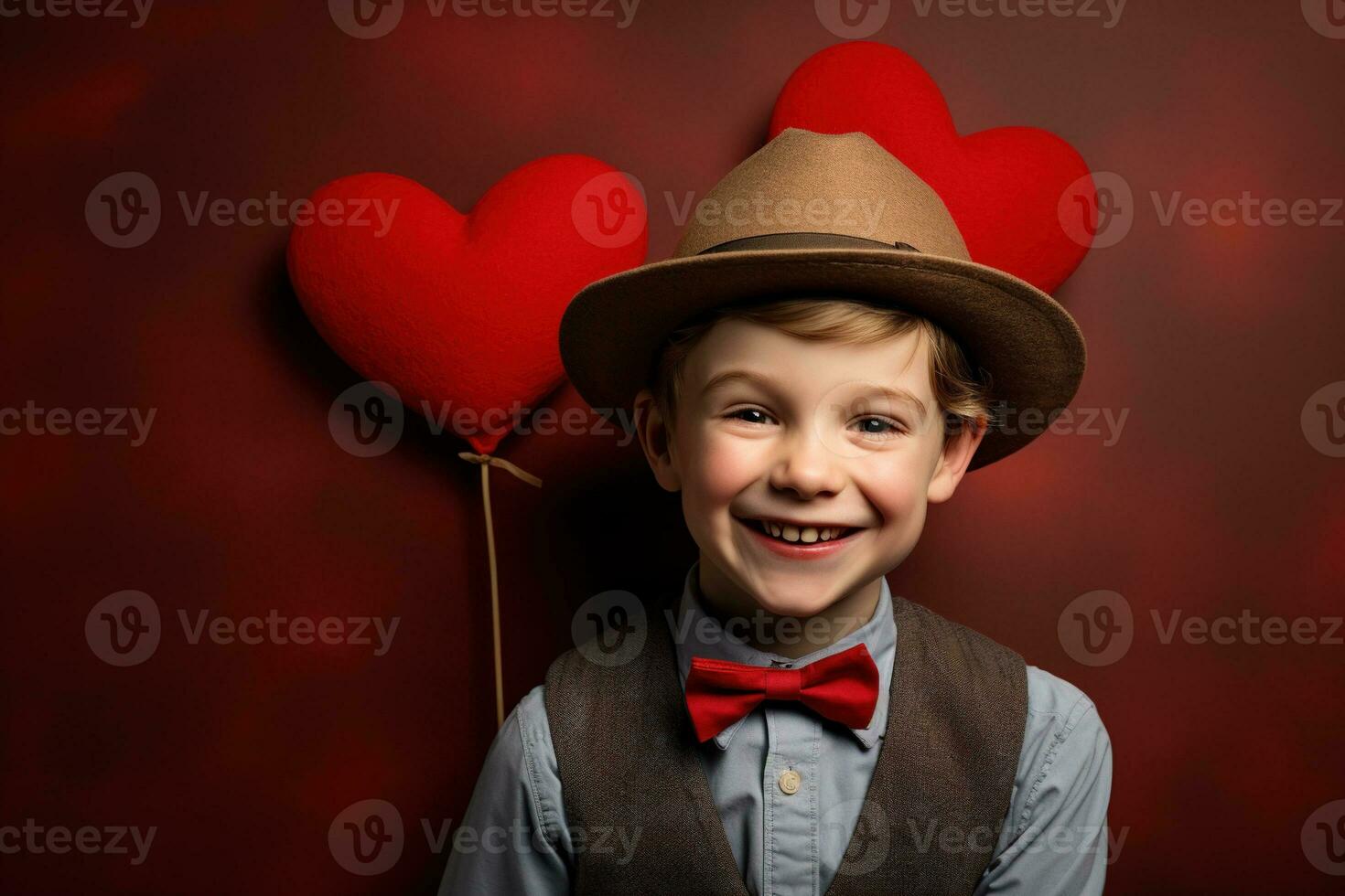 ai gegenereerd gelukkig weinig jongen met rood harten Aan Valentijnsdag dag. foto
