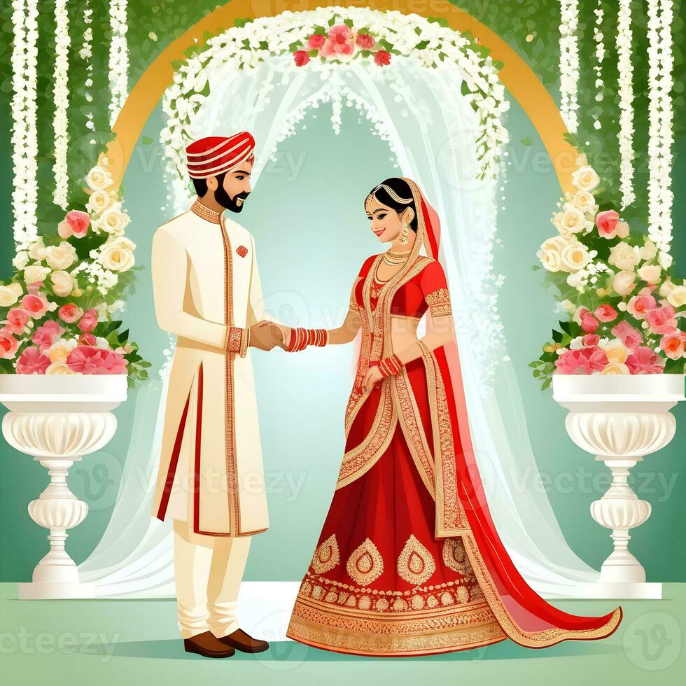 ai gegenereerd Indisch bruidegom gekleed in wit Sherwani en rood hoed met verbijsterend bruid in rood Lehenga staan en houden elk handen wandelen buiten foto