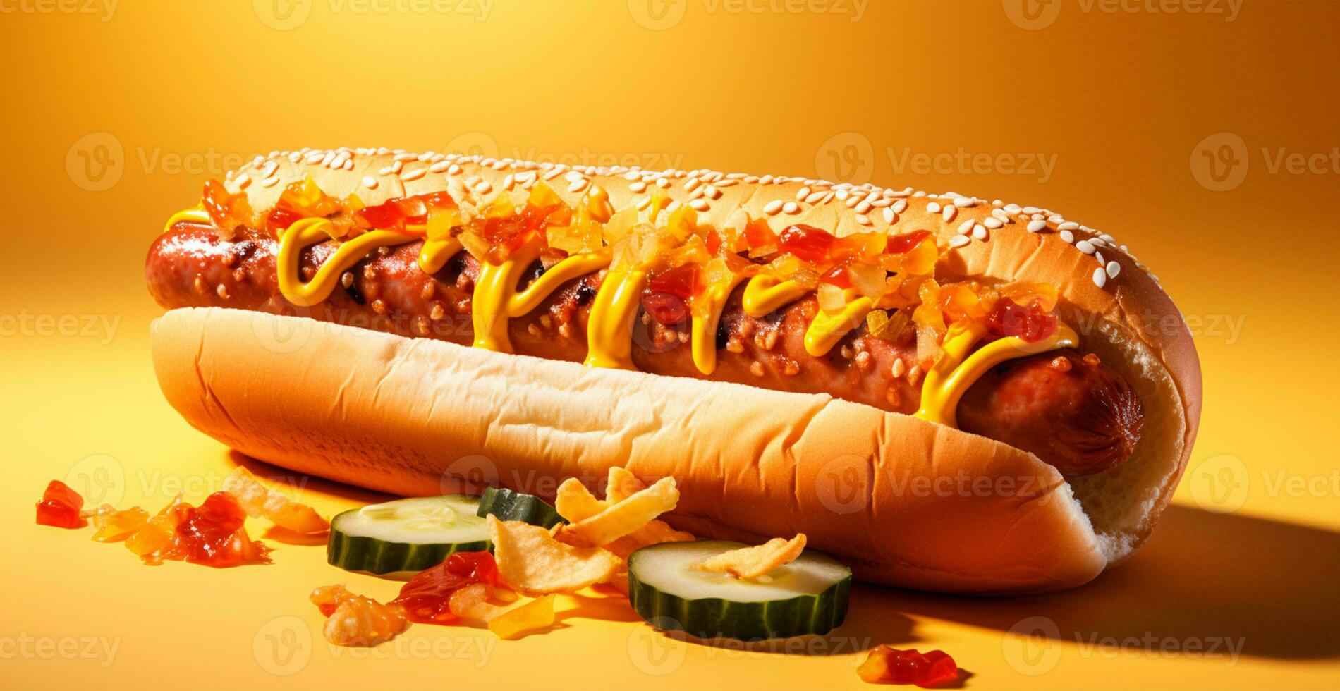 ai gegenereerd vers gekookt heet hond met mosterd en ketchup - ai gegenereerd beeld foto
