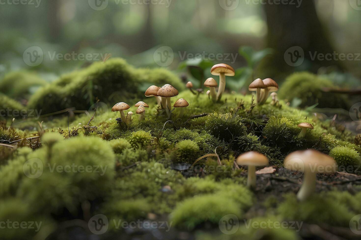 een bemost grond met klein champignons in de achtergrond. foto