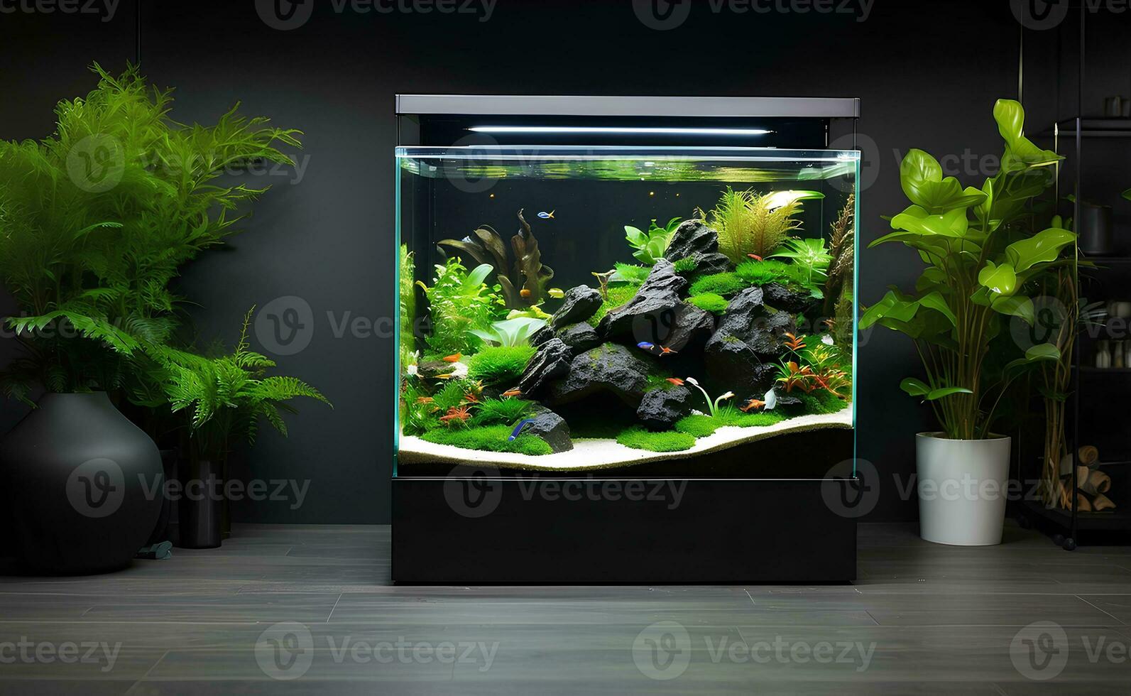 natuur nano aquarium met delicaat details in leven kamer. foto