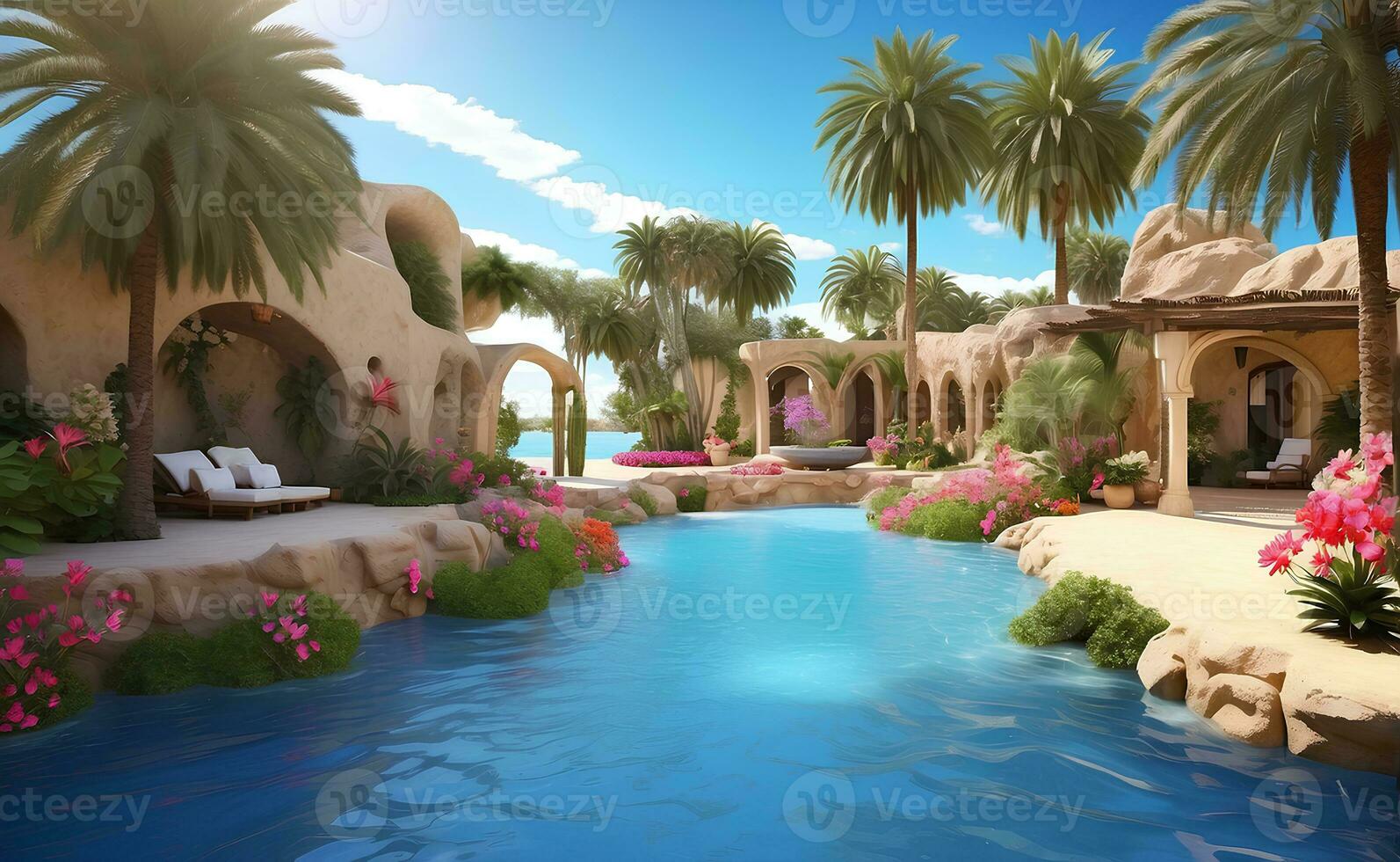 een mooi toevlucht met een zwembad en tropisch planten in nagerecht. foto