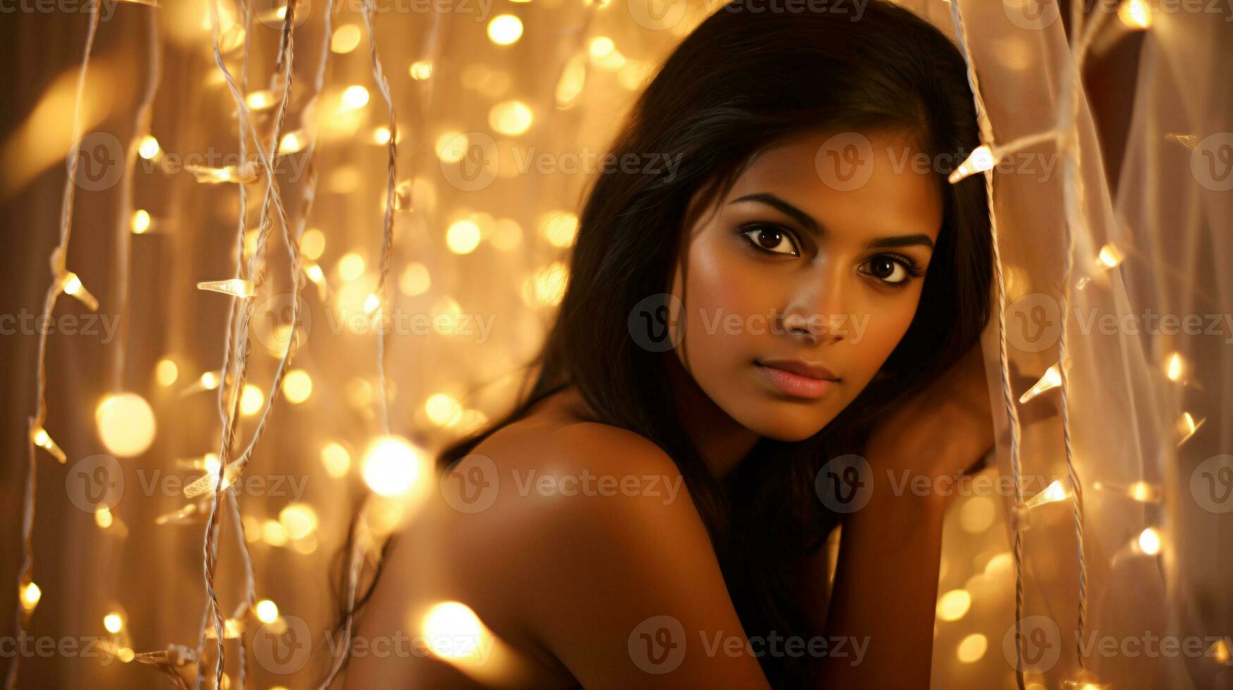 ai gegenereerd gloeiend elegantie model- koestert zich in de betoverend straling van sprankelend draad lichten tegen een ongerept wit backdrop foto