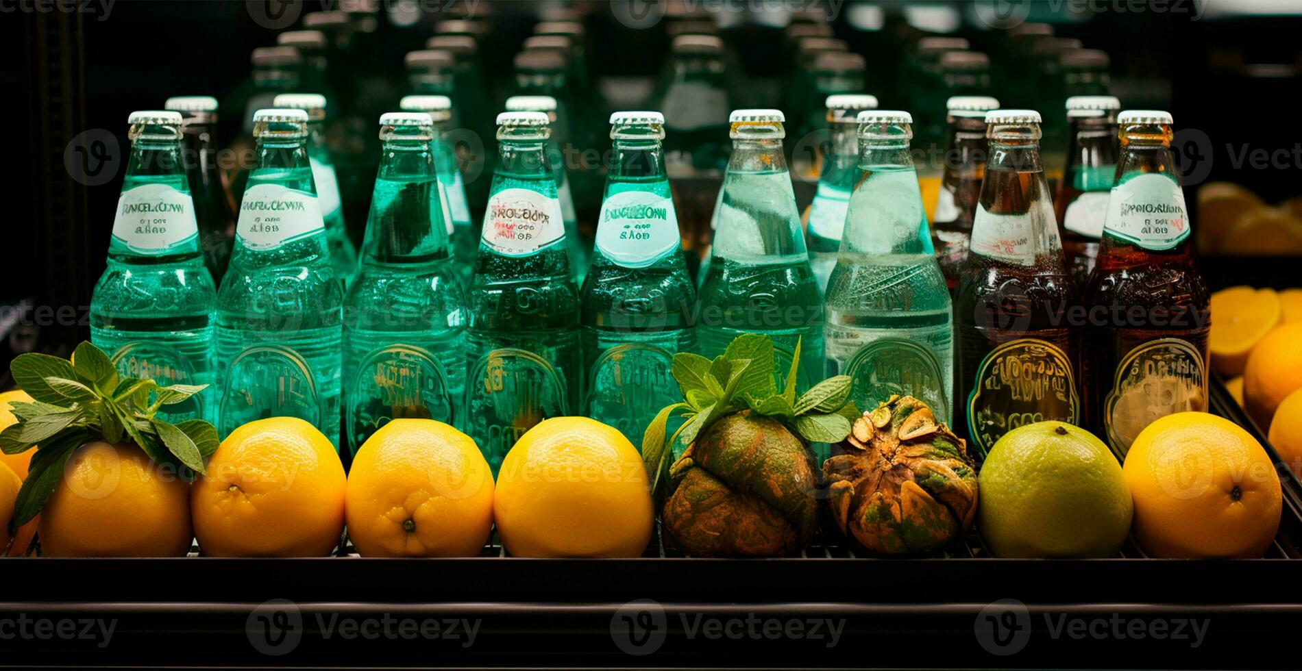 ai gegenereerd verschillend kleurrijk Frisdrank water in flessen van verschillend vormen - ai gegenereerd beeld foto