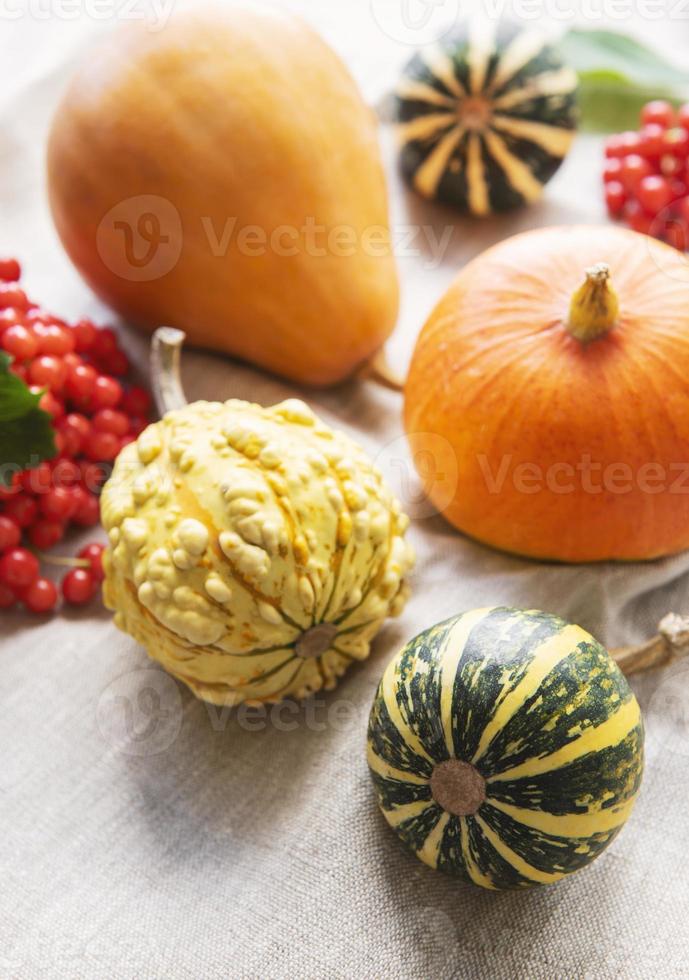 herfstsamenstelling, gezellig herfstseizoen, pompoenen en bladeren op textielachtergrond. foto