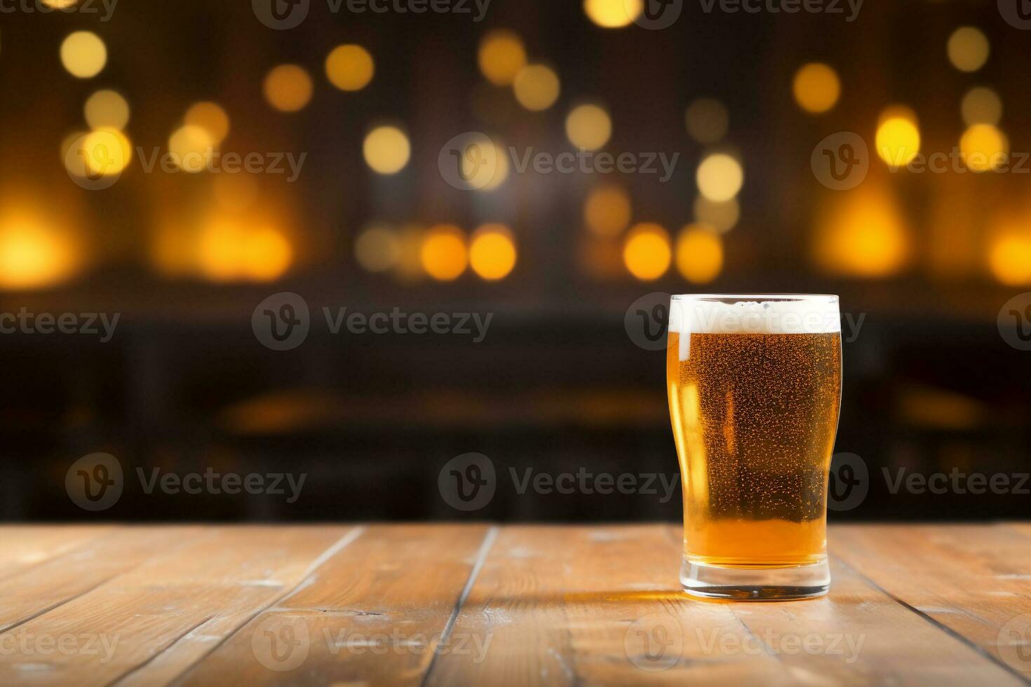 ai gegenereerd pint van bier Aan houten tafel met wazig bar Bij achtergrond, foto