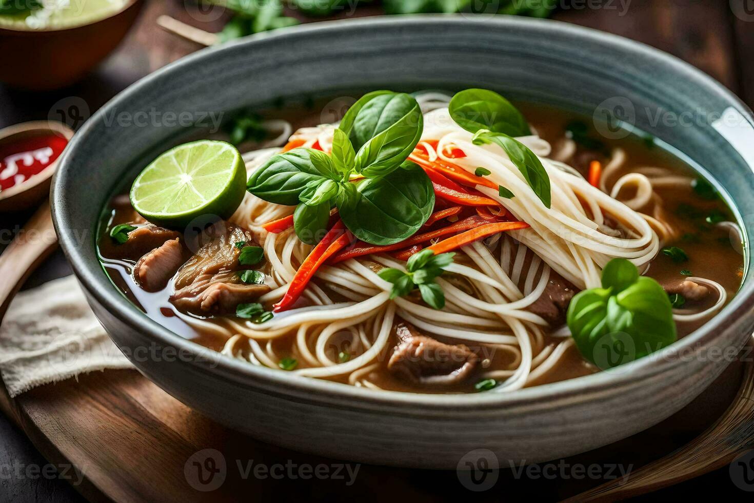 een kom van Aziatisch noodle soep met vlees en groenten. ai-gegenereerd foto