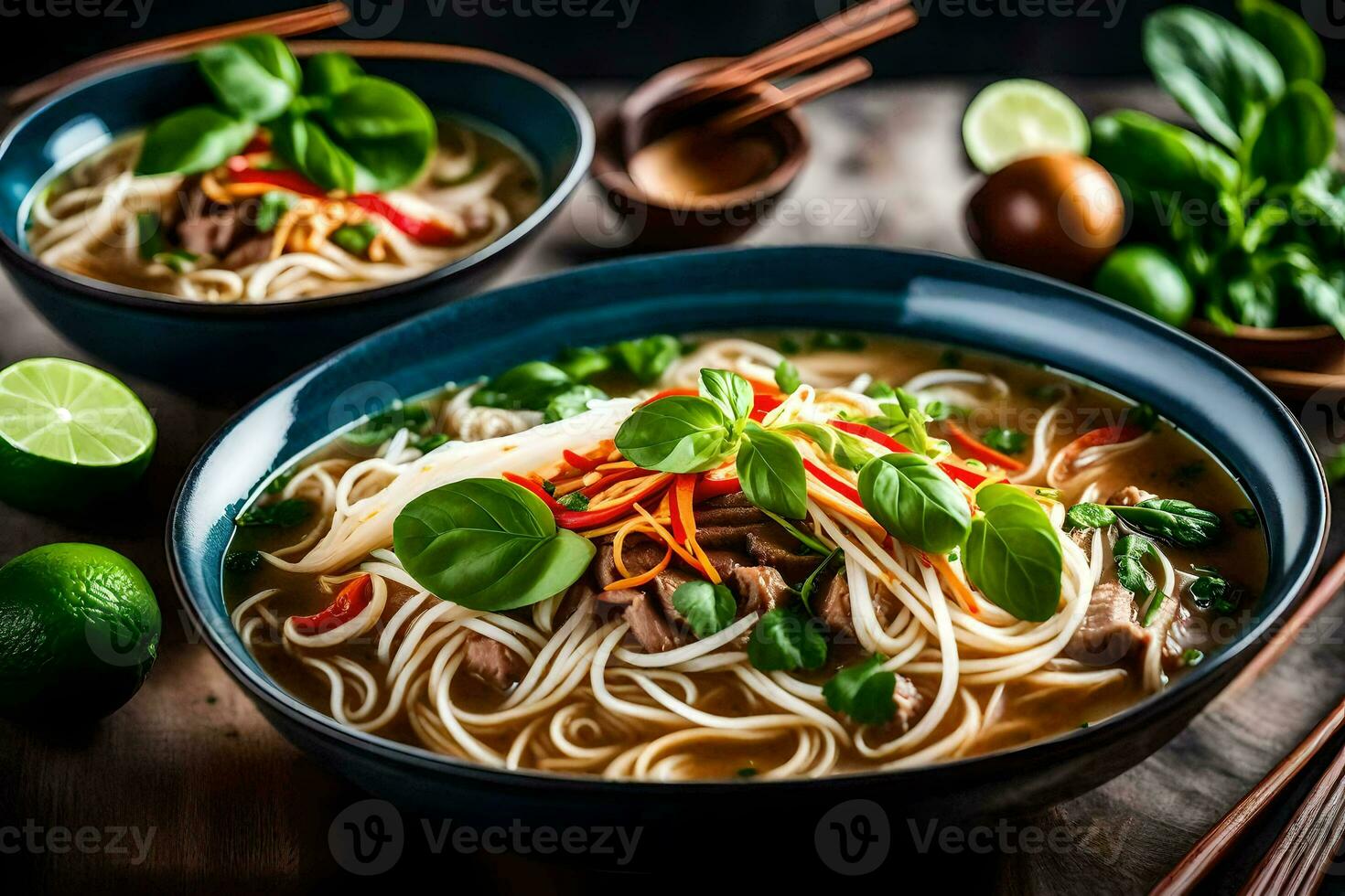 een kom van Aziatisch noodle soep met vlees en groenten. ai-gegenereerd foto