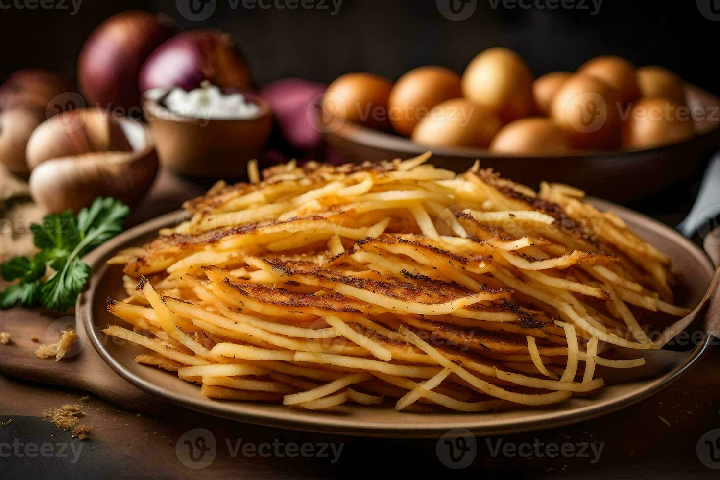 de traditioneel Frans Patat zijn gebakken aardappelen met knoflook en kruiden. ai-gegenereerd foto