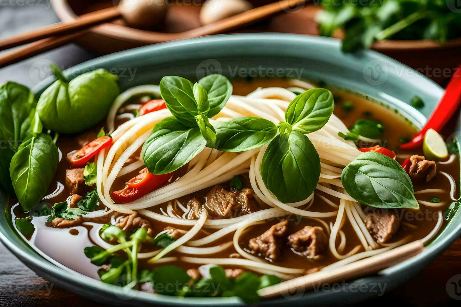 een kom van Aziatisch noodle soep met vlees en groenten. ai-gegenereerd foto