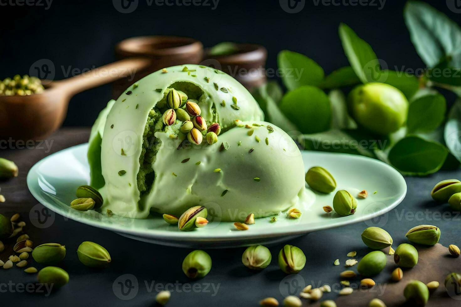 groen pistache ijs room met pistache noten Aan een bord. ai-gegenereerd foto