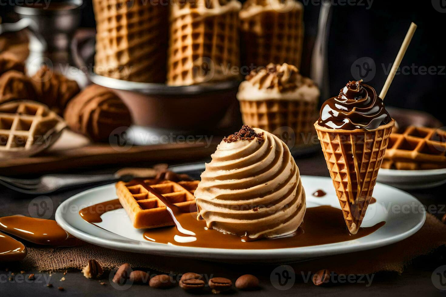 een wafel ijshoorntje met chocola en koffie bonen. ai-gegenereerd foto