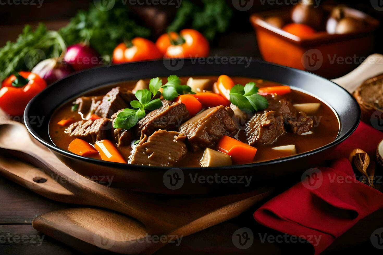 rundvlees stoofpot met groenten en wortels in een zwart schaal. ai-gegenereerd foto