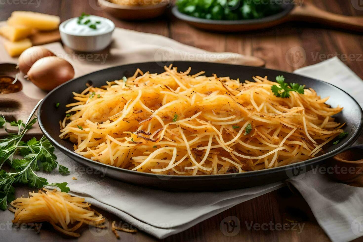 een bord van spaghetti met eieren en kruiden. ai-gegenereerd foto