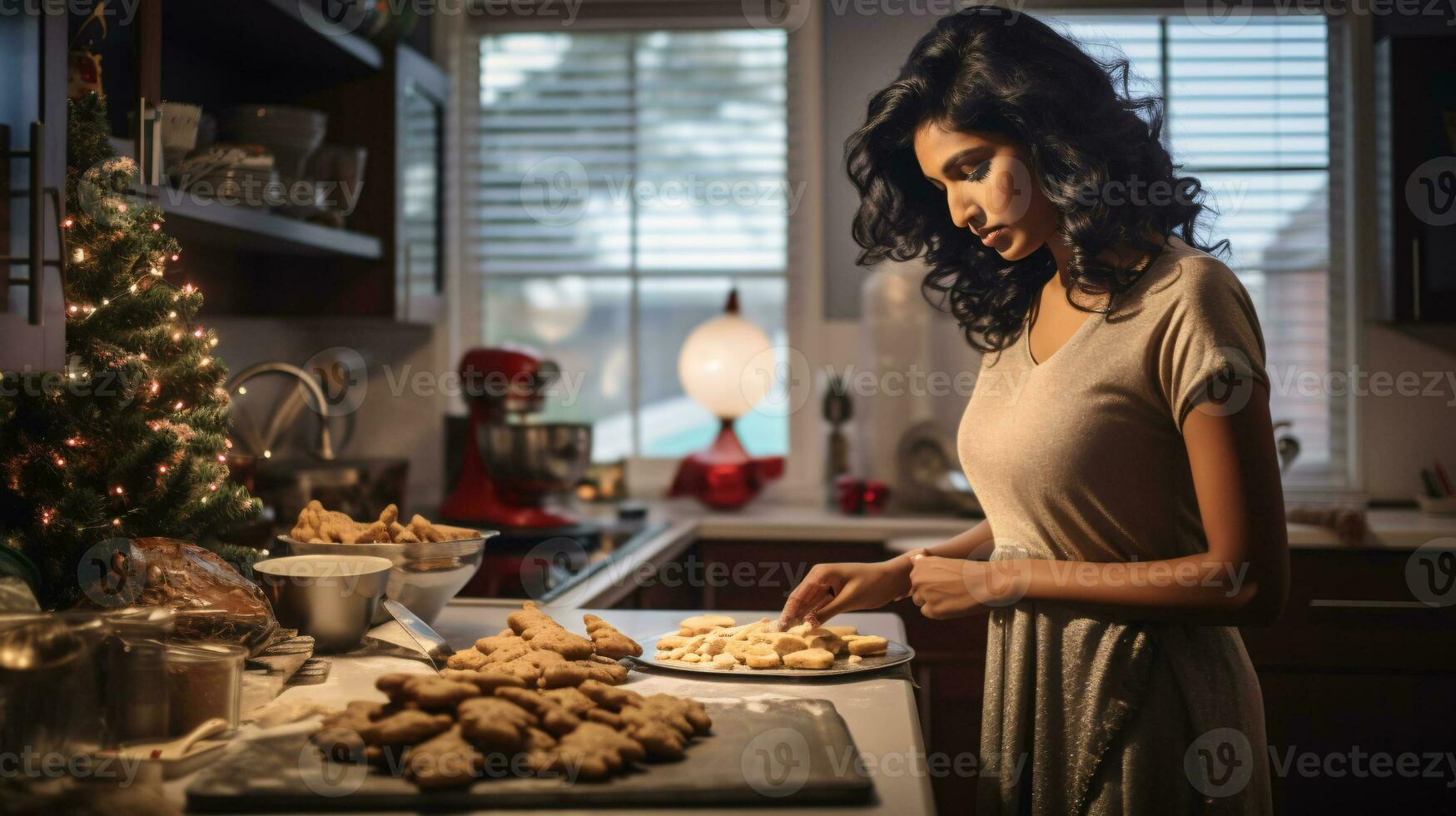 ai gegenereerd multy Etnisch Mens en vrouw bakken, voorbereidingen treffen feestelijk avondeten in modern keuken met Kerstmis decoraties foto