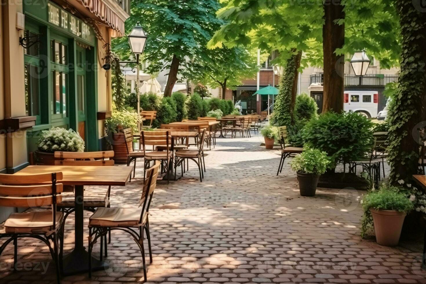 buitenshuis tafel van koffie cafe en restaurant. zomer terras Aan stad straat. leeg buiten tafels en stoelen van buitenshuis cafe Aan vervagen groen tuin. knus buitenshuis zone cafe en restaurant. generatief ai. foto