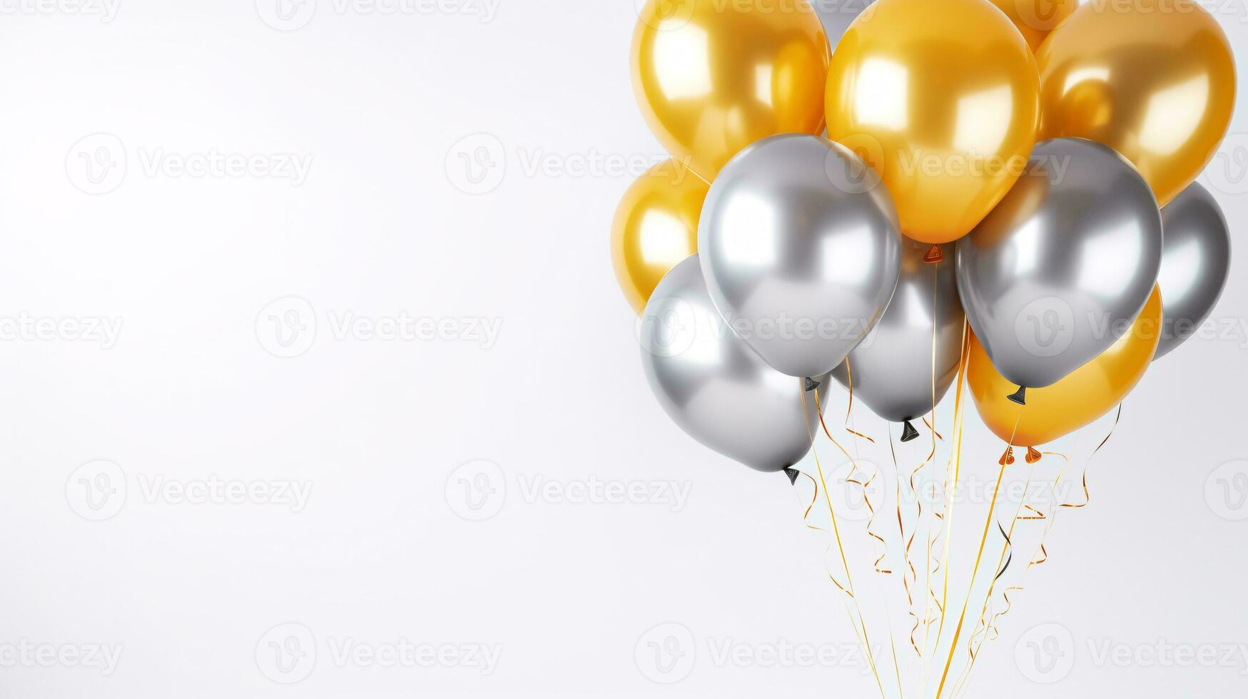 glimmend goud en zilver kleur ballonnen met helium Aan wit achtergrond. concept van gelukkig verjaardag, nieuw jaar, partij, bruiloft, valentijn, geluk, vreugde, festival, vakantie Promotie spandoek. generatief ai. foto