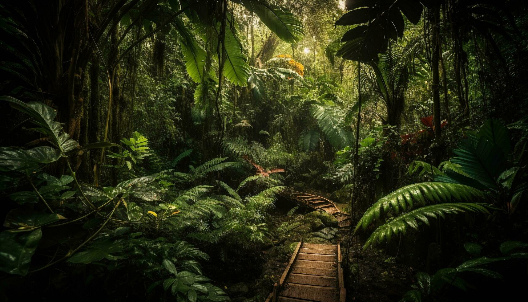 ai gegenereerd tropisch regenwoud, groen bladeren, rustig tafereel, dieren, avontuur, mysterieus rots gegenereerd door ai foto