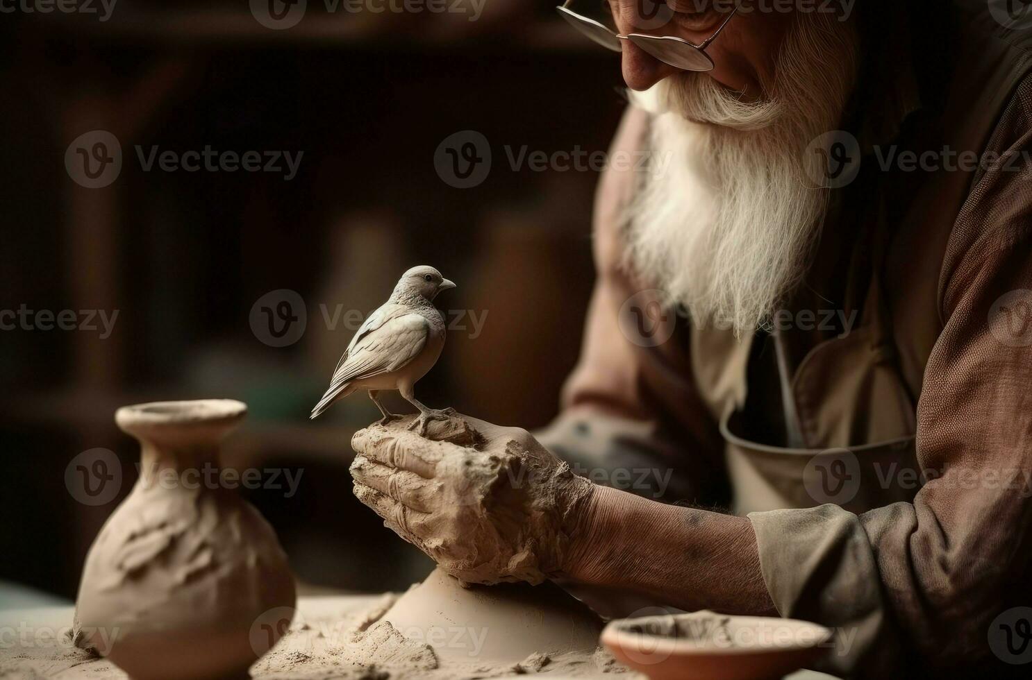 pottenbakker meester Holding vogel beeldhouwwerk. genereren ai foto