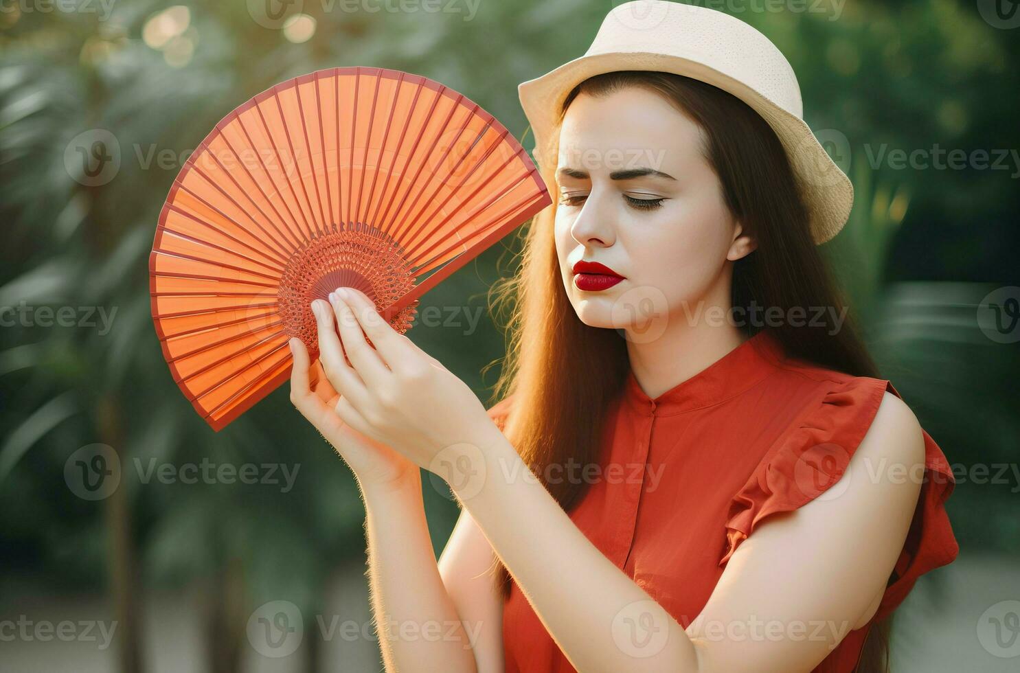 vrouw hand- ventilator lijden warmte onbalans. genereren ai foto