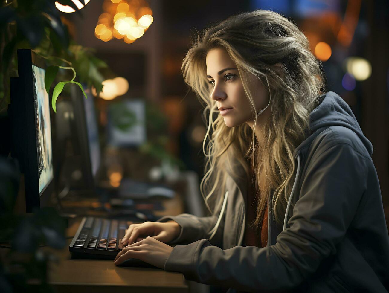 detailopname beeld van jong professioneel vrouw manager gebruik makend van laptop Bij haar kantoor,. ai gegenereerd foto