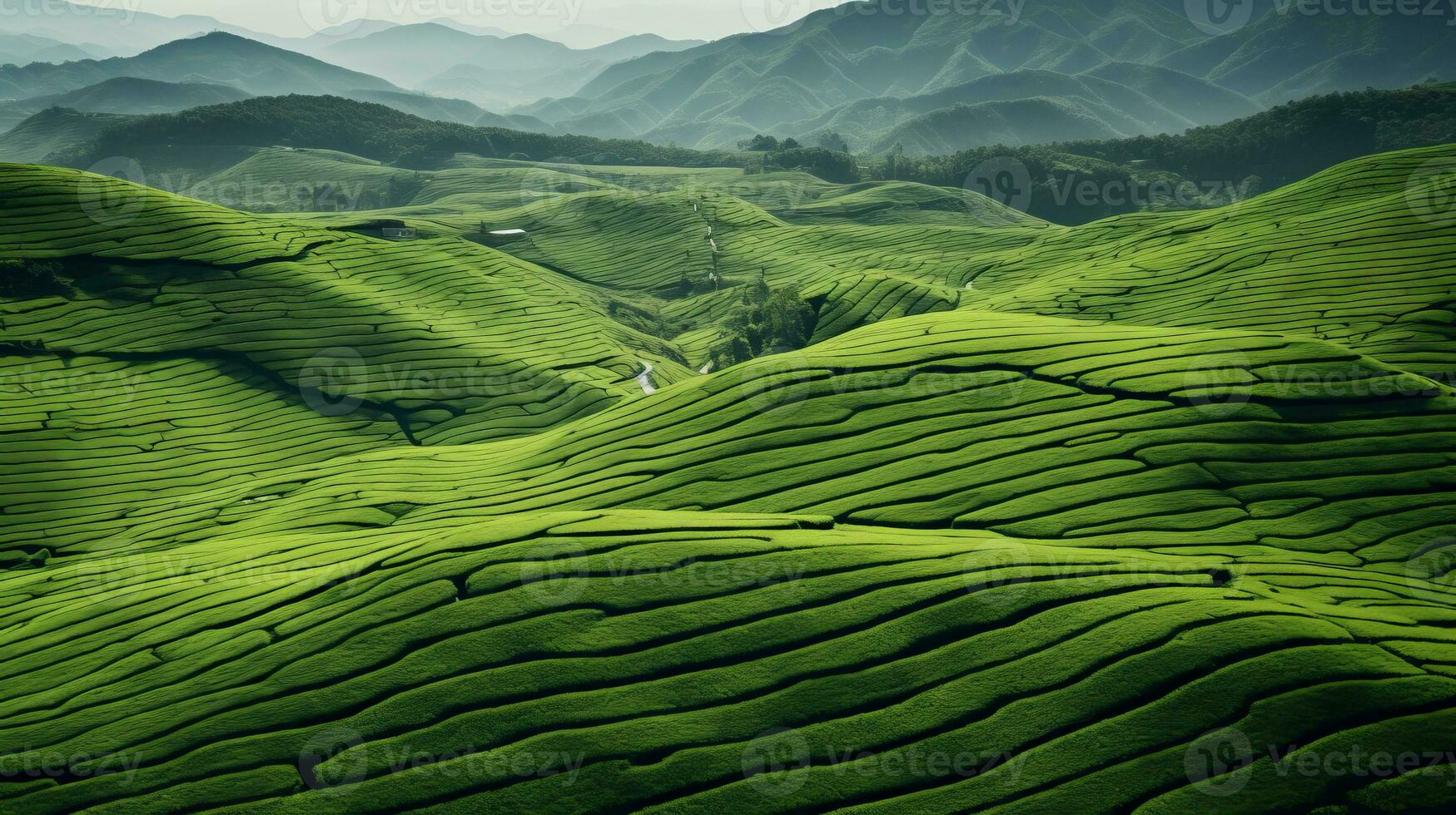 ai gegenereerd groen thee plantage, top visie structuur foto