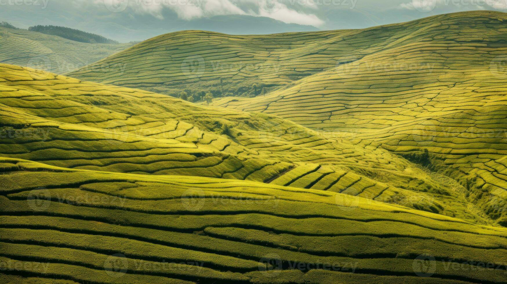 ai gegenereerd groen thee plantage, top visie structuur foto