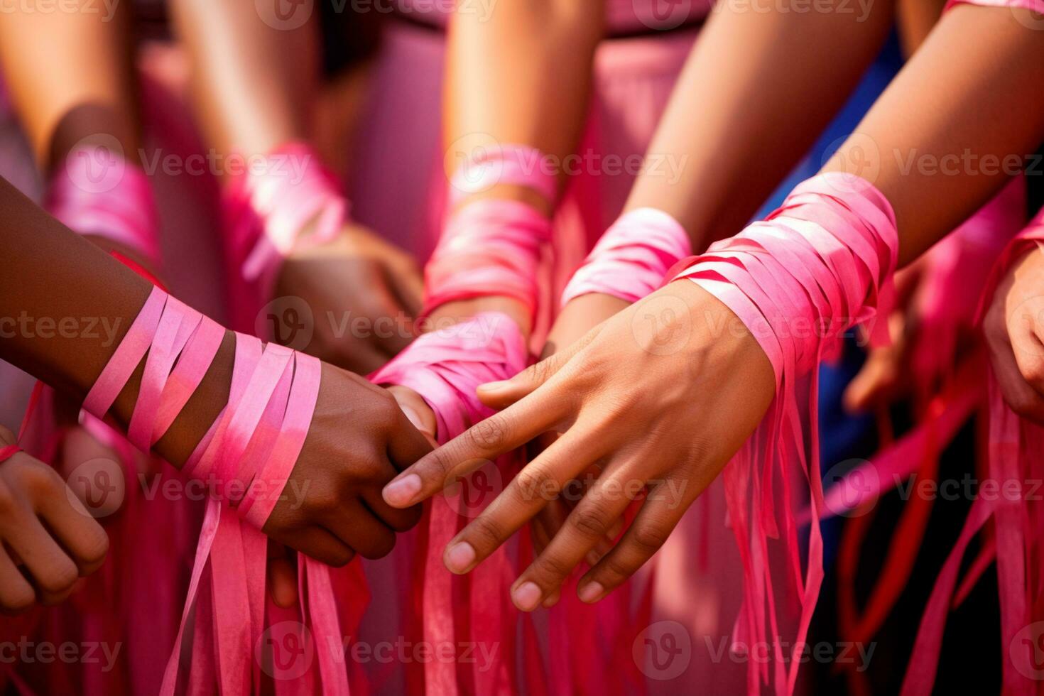 roze oktober - Dames samen met roze linten in borst kanker bewustzijn, roze linten de embleem van hoop. samen, wij zijn sterker. wij zullen ritme borst kanker. ai generatief foto