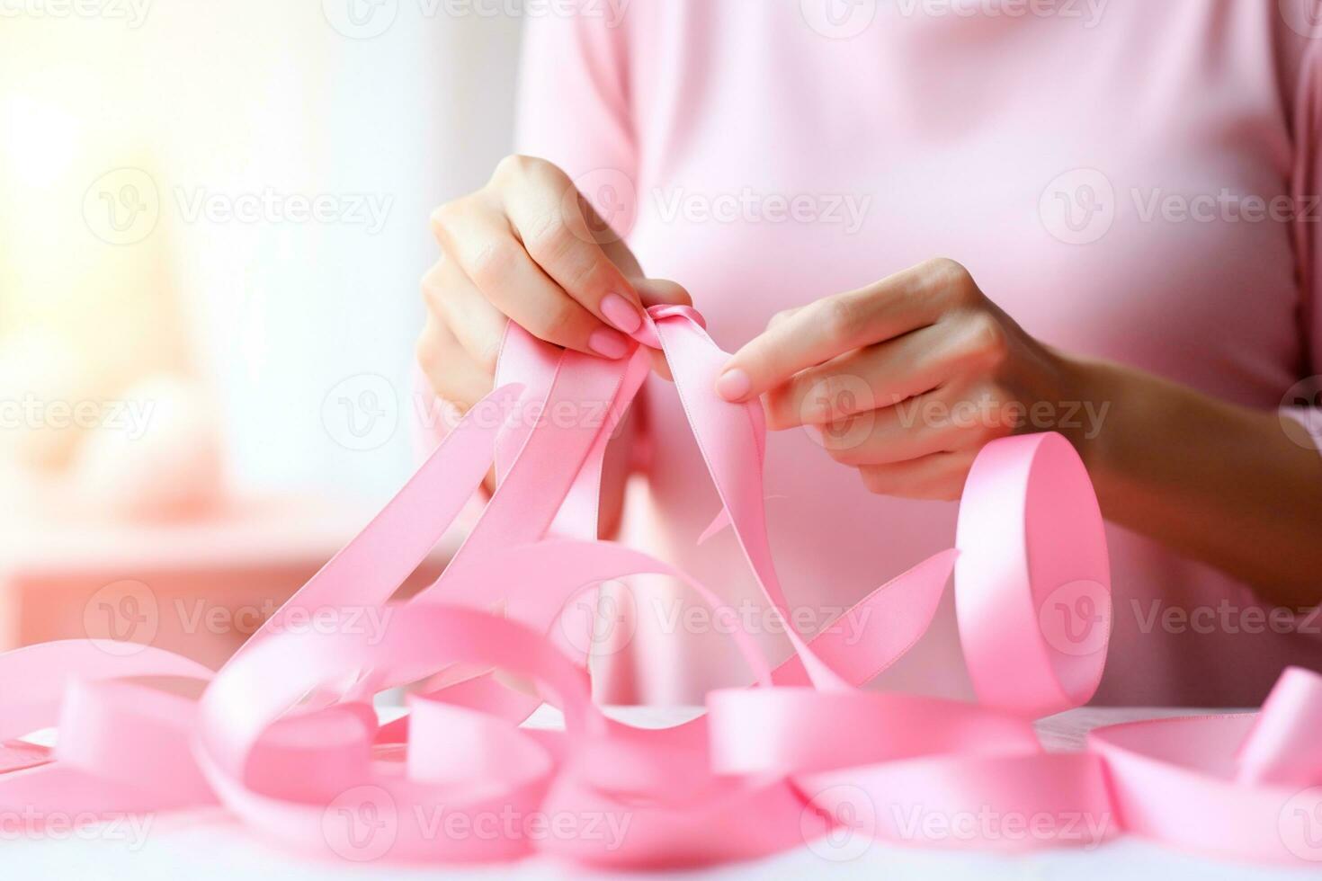 roze oktober - toegewijd vrouw, liefdevol het weven een roze lint, een symbool van bewustzijn voor de vroeg detectie van borst kanker. samen, wij zijn sterker. wij zullen ritme borst kanker. ai generatief foto