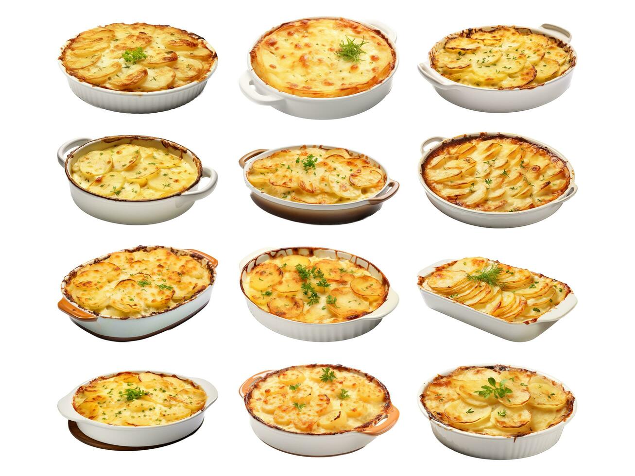 ai gegenereerd gratin dauphinois verzameling geïsoleerd Aan wit achtergrond foto