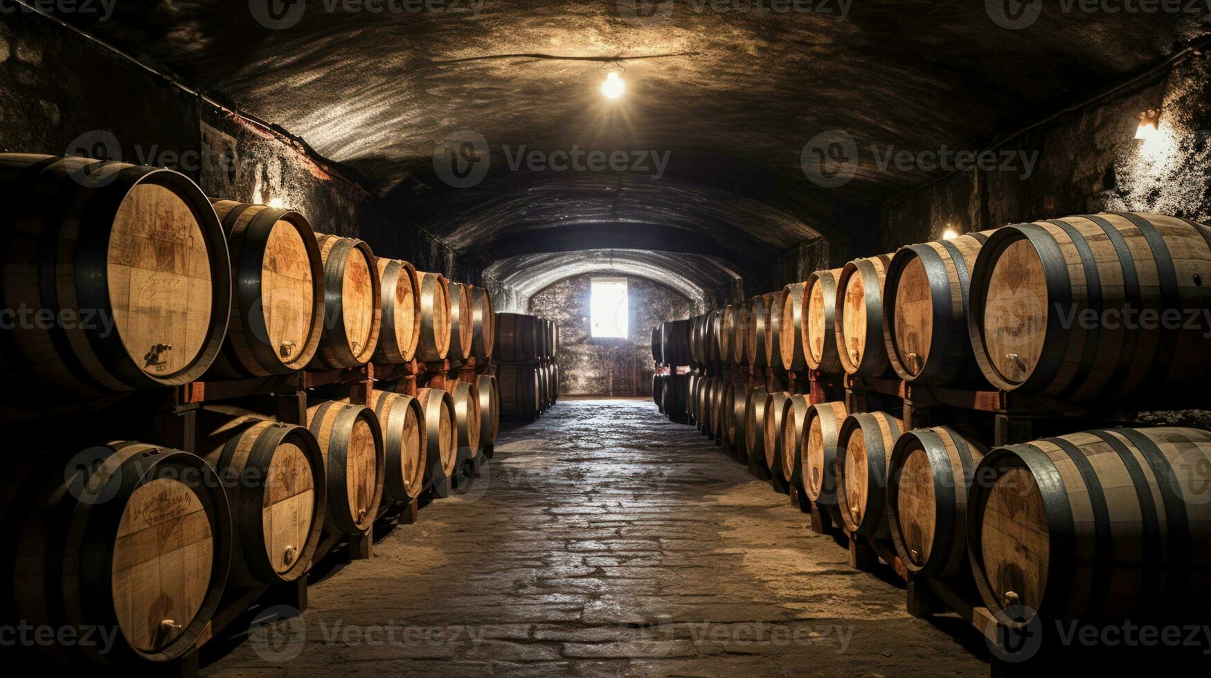 wijn vaten gestapeld in de oud kelder van de wijnmakerij. generatief ai foto