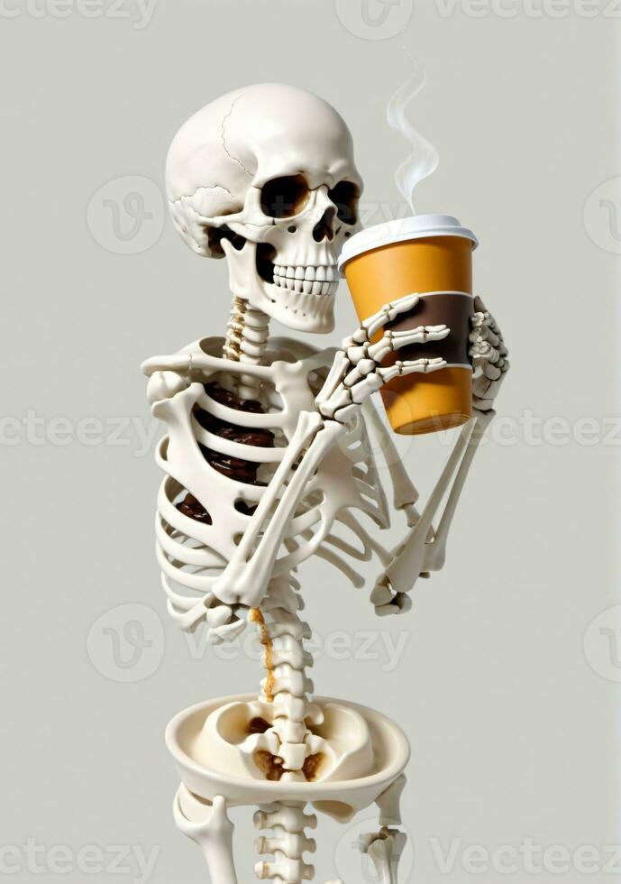 ai gegenereerd een menselijk skelet drinken koffie geïsoleerd Aan een wit achtergrond. ai gegenereerd foto