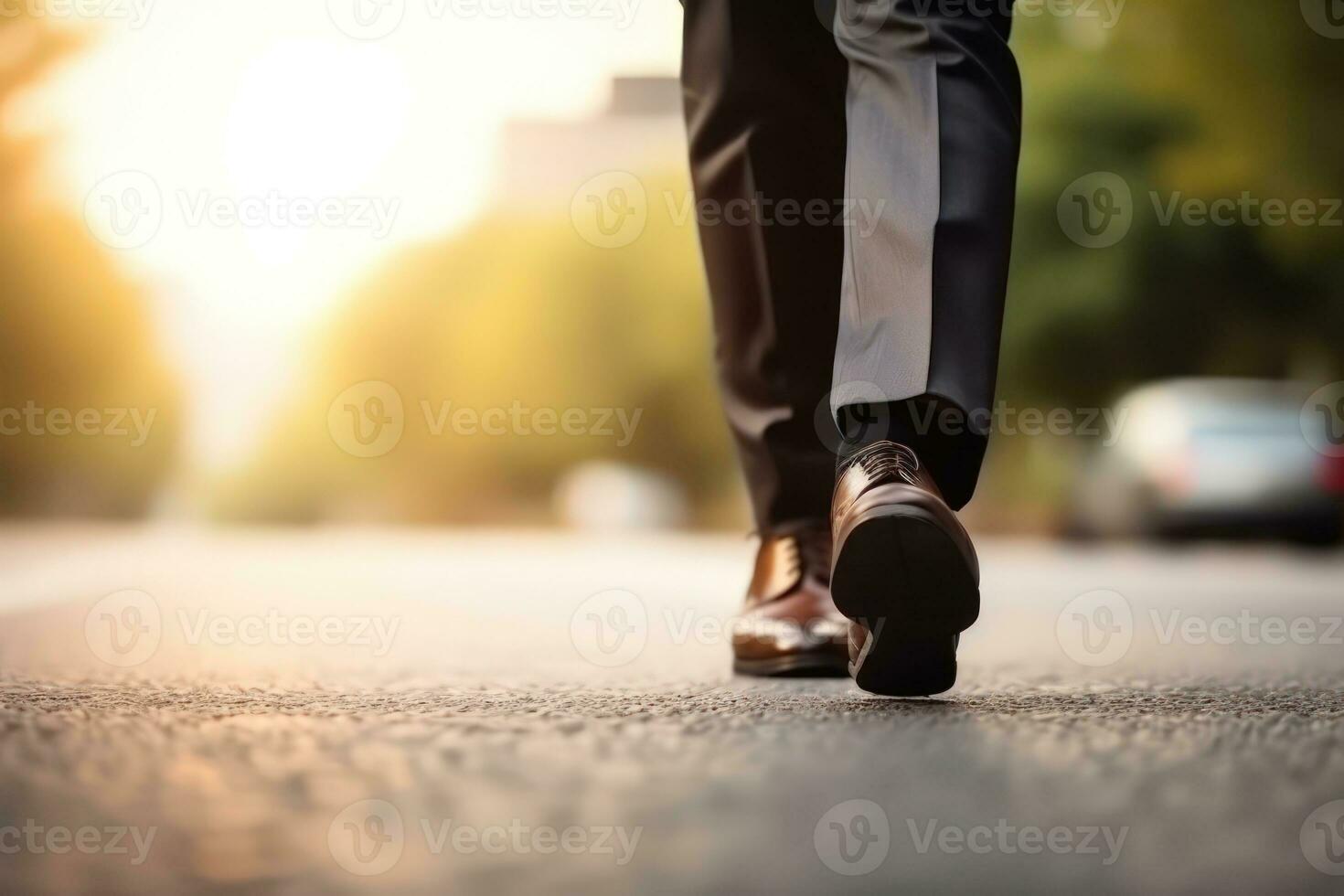 poten van een zakenman in modieus schoenen wandelen buitenshuis. bedrijf concept. detailopname visie naar de zakenman in een zwart nieuw schoenen wandelingen Aan de straat. elegant mannen draagt. laag hoek. generatief ai foto