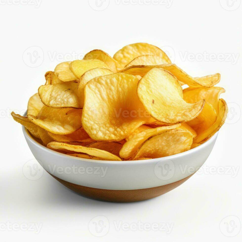 kom met smakelijk aardappel chips Aan wit achtergrond. generatief ai foto