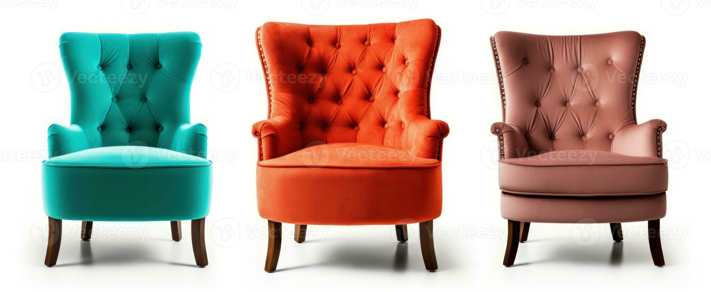 reeks van klassiek drie fauteuil en drie kleur kunst deco stijl in turkoois fluweel met hout poten geïsoleerd Aan wit achtergrond. generatief ai foto