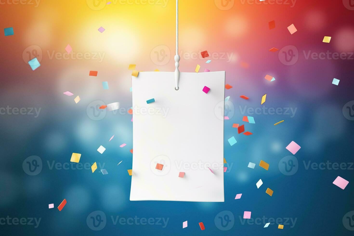 ai gegenereerd wit teken blijft hangen van een touw, omringd door een vlaag van confetti. de teken is blanco, klaar voor uw bericht. de confetti voegt toe een feestelijk aanraken, perfect voor ieder viering. foto