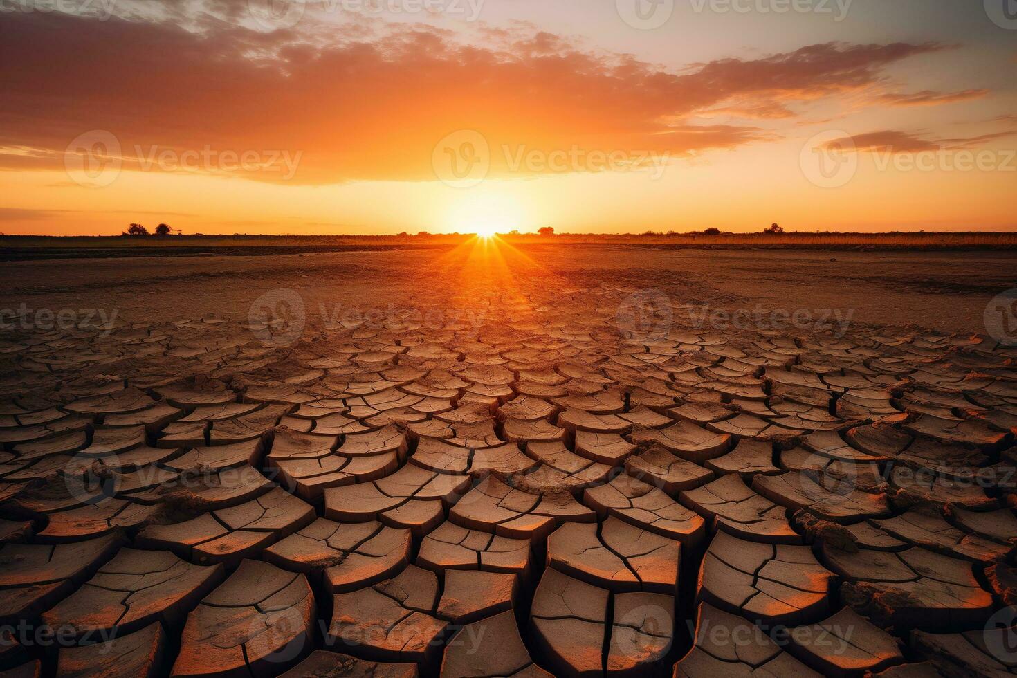 verbijsterend zonsondergang over- een droog uit veld. de gouden zon afgietsels een warm gloed over- de gebarsten aarde, creëren een dramatisch en mooi tafereel. generatief ai foto