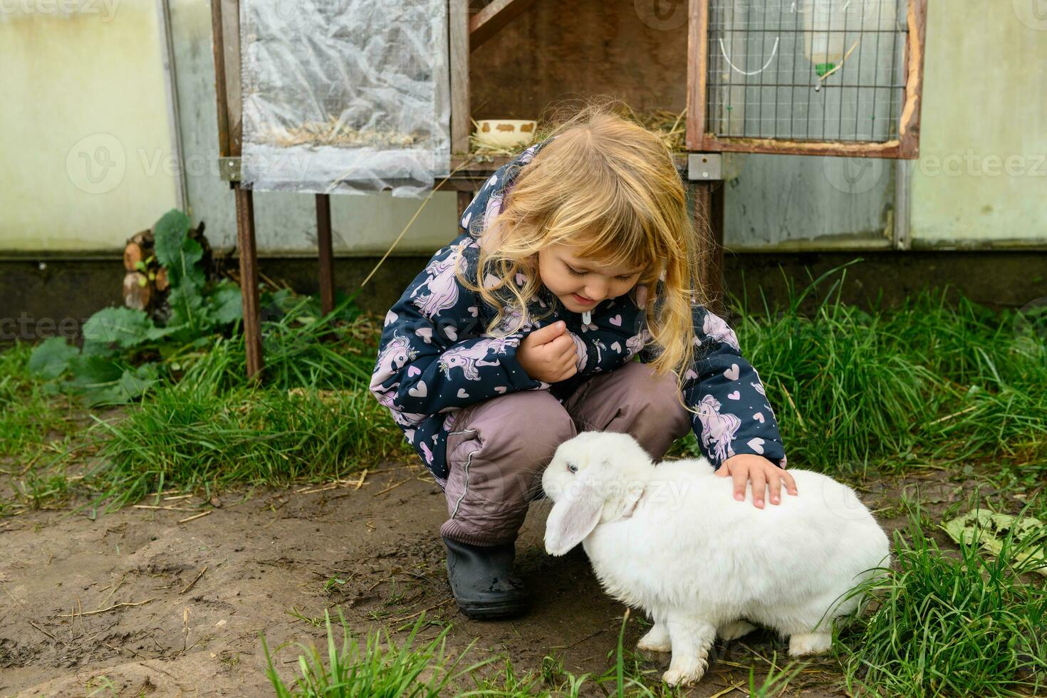 klein schattig meisje kinderboerderij wit konijn buitenshuis foto