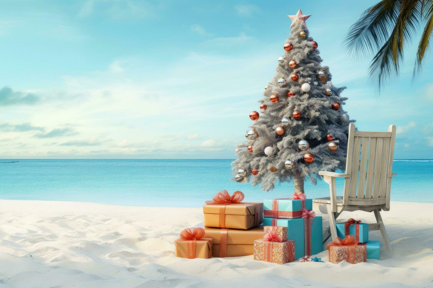 ai gegenereerd Kerstmis boom met presenteert en stoel Aan de strand. 3d veroorzaken, Kerstmis boom en cadeaus Aan de zanderig strand, ai gegenereerd foto