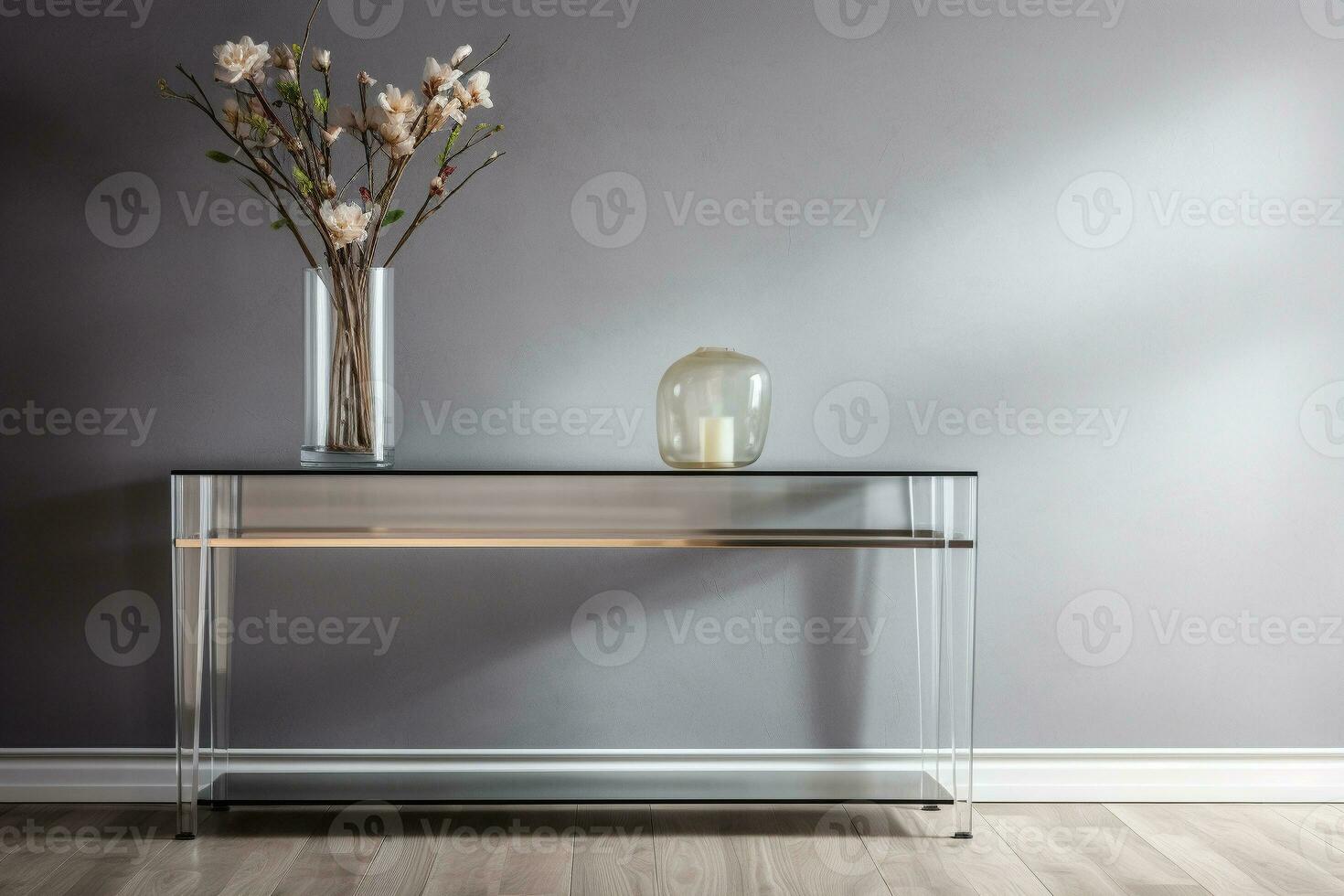 een glas top troosten tafel voegt toe elegantie naar een modern hal in koel grijs tonen. ai gegenereerd foto