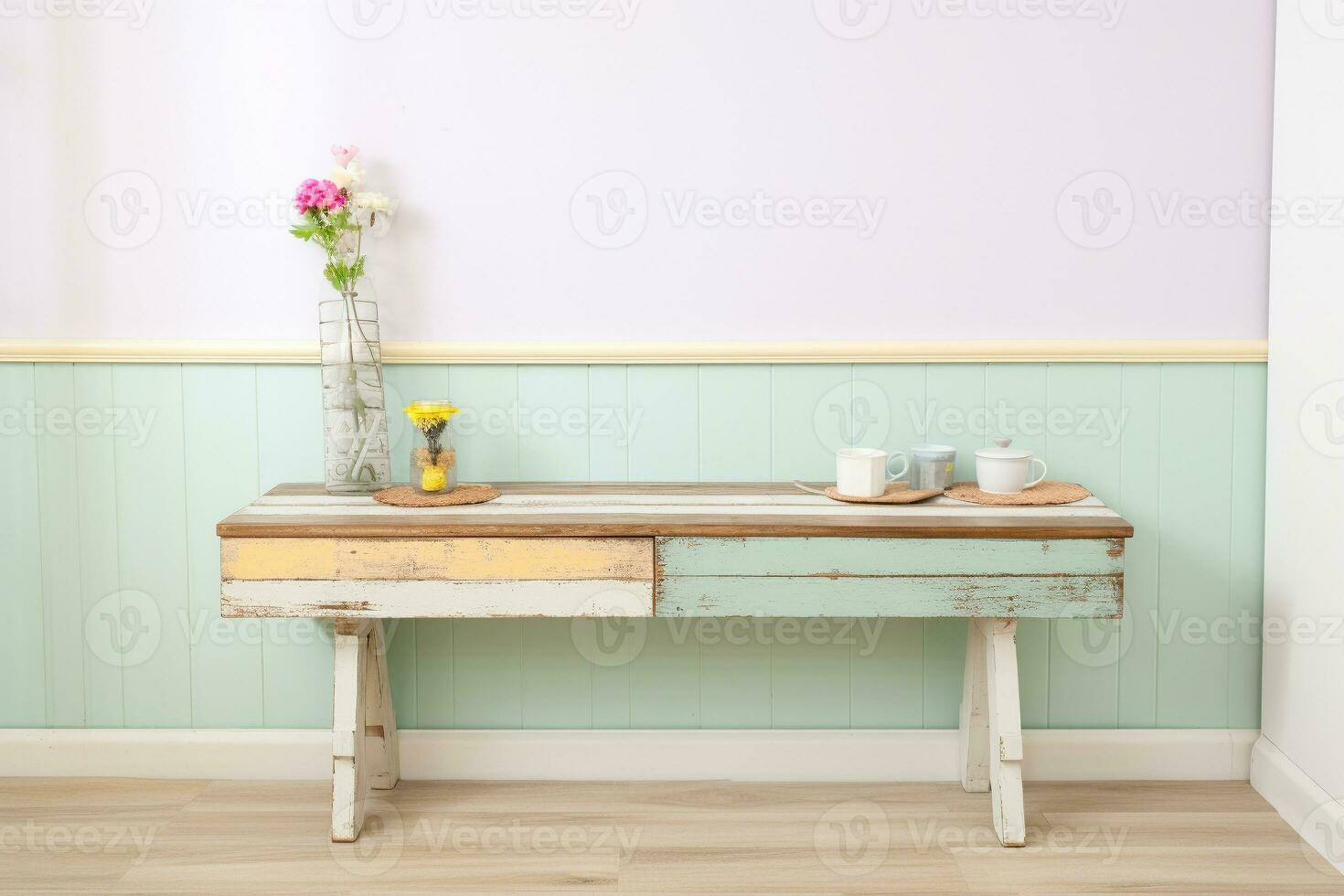 teruggewonnen hout bank voegt toe warmte naar een haveloos chique keuken in pastel kleuren. ai gegenereerd foto