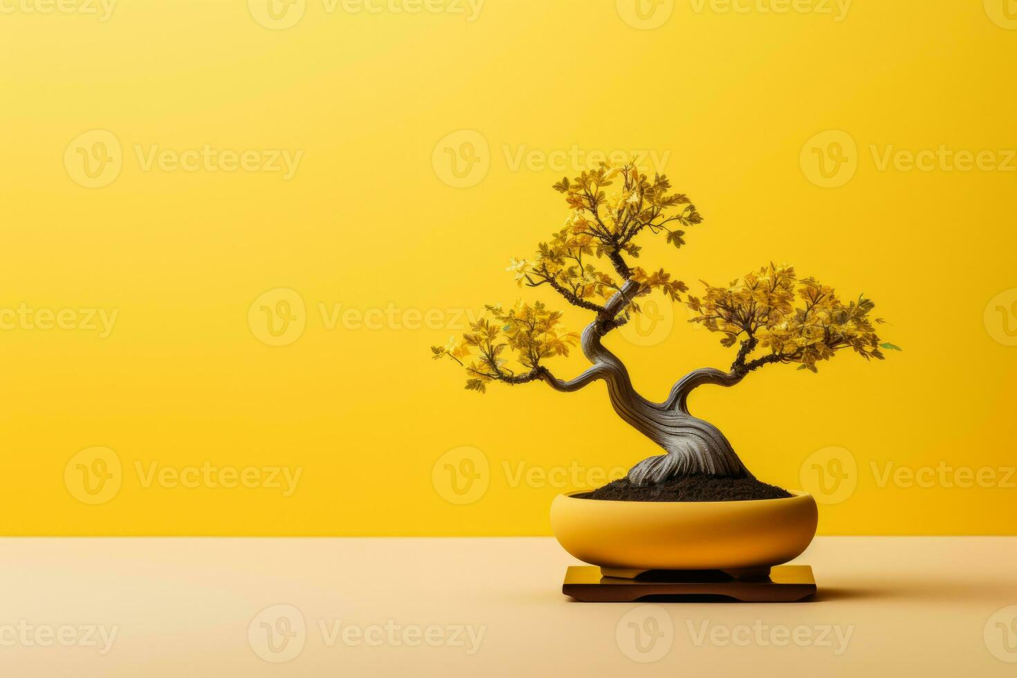 ai gegenereerd miniatuur bonsai boom in een keramisch pot Aan een achtergrond met een kopiëren ruimte. foto