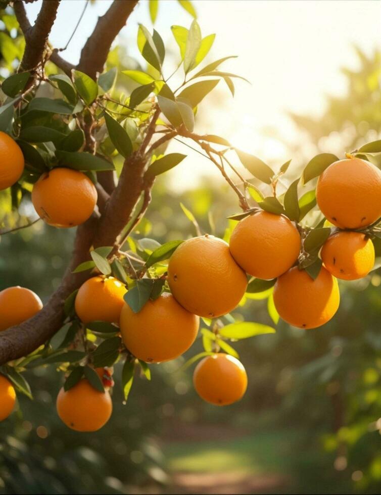 sinaasappels groeit Aan boom boomgaard ai gegenereerd foto