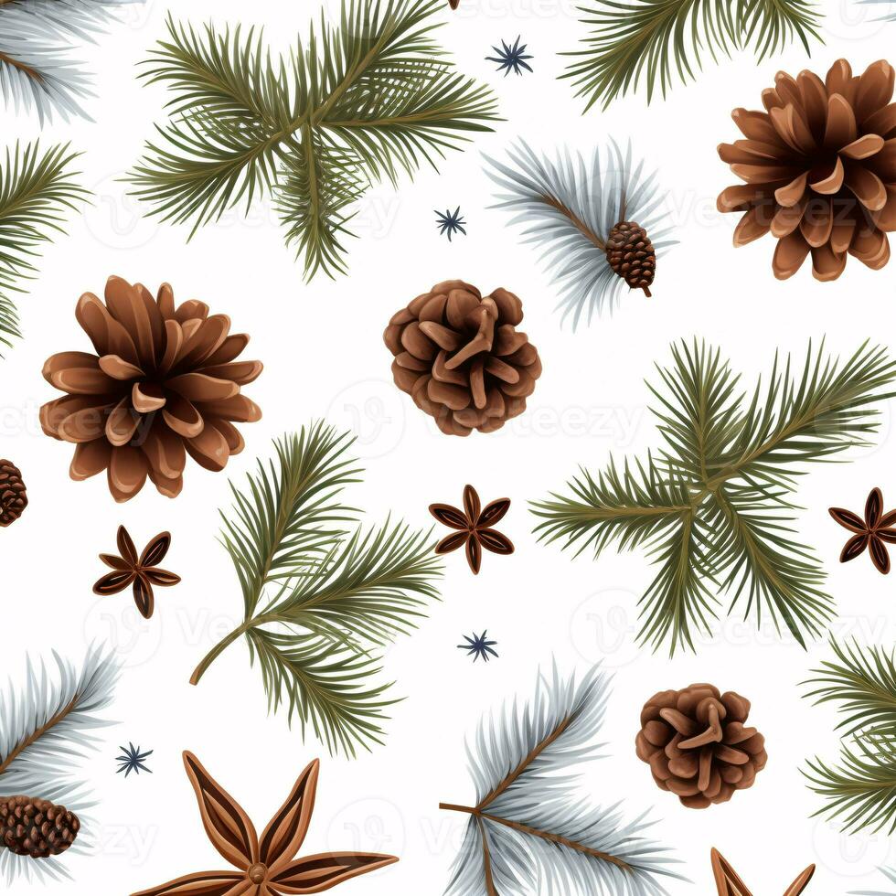 Kerstmis achtergrond met pijnboom takken, kegels, en ster anijs isolaten symbolen voor een nieuw jaar patroon. foto