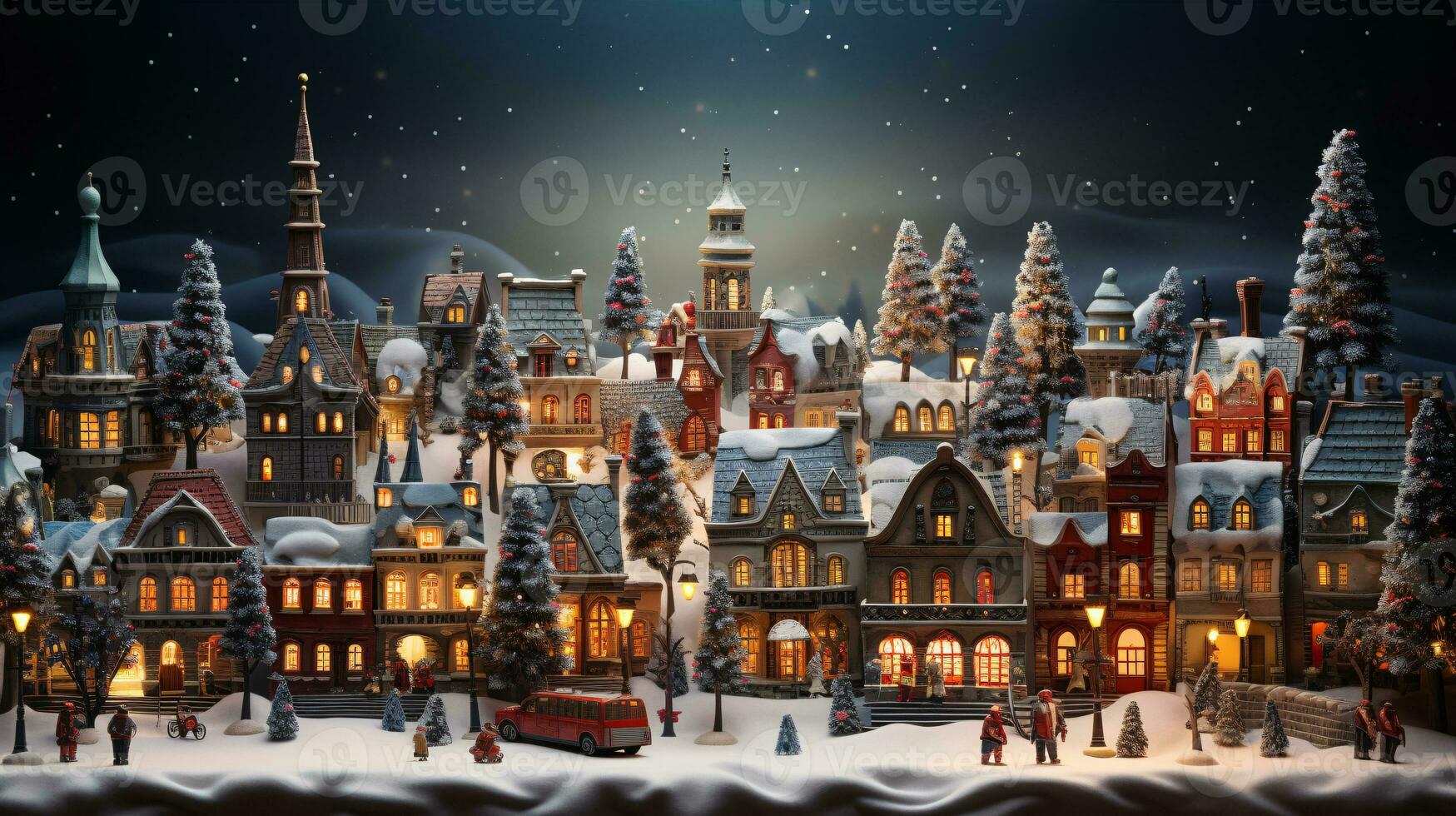 Kerstmis dorp met Kerstmis boom. winter besneeuwd klein knus straat met lichten in huizen. winter vakantie nacht tijd achtergrond. vrolijk Kerstmis wijnoogst retro illustratie achtergrond. foto