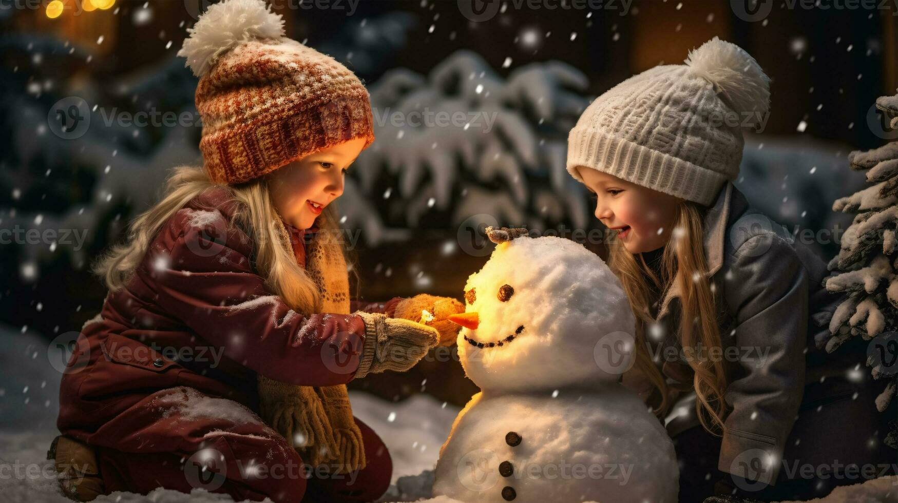 kinderen Speel buitenshuis in sneeuw. buitenshuis pret voor familie Kerstmis vakantie. spelen buitenshuis. gelukkig kind hebben pret met sneeuwman. foto