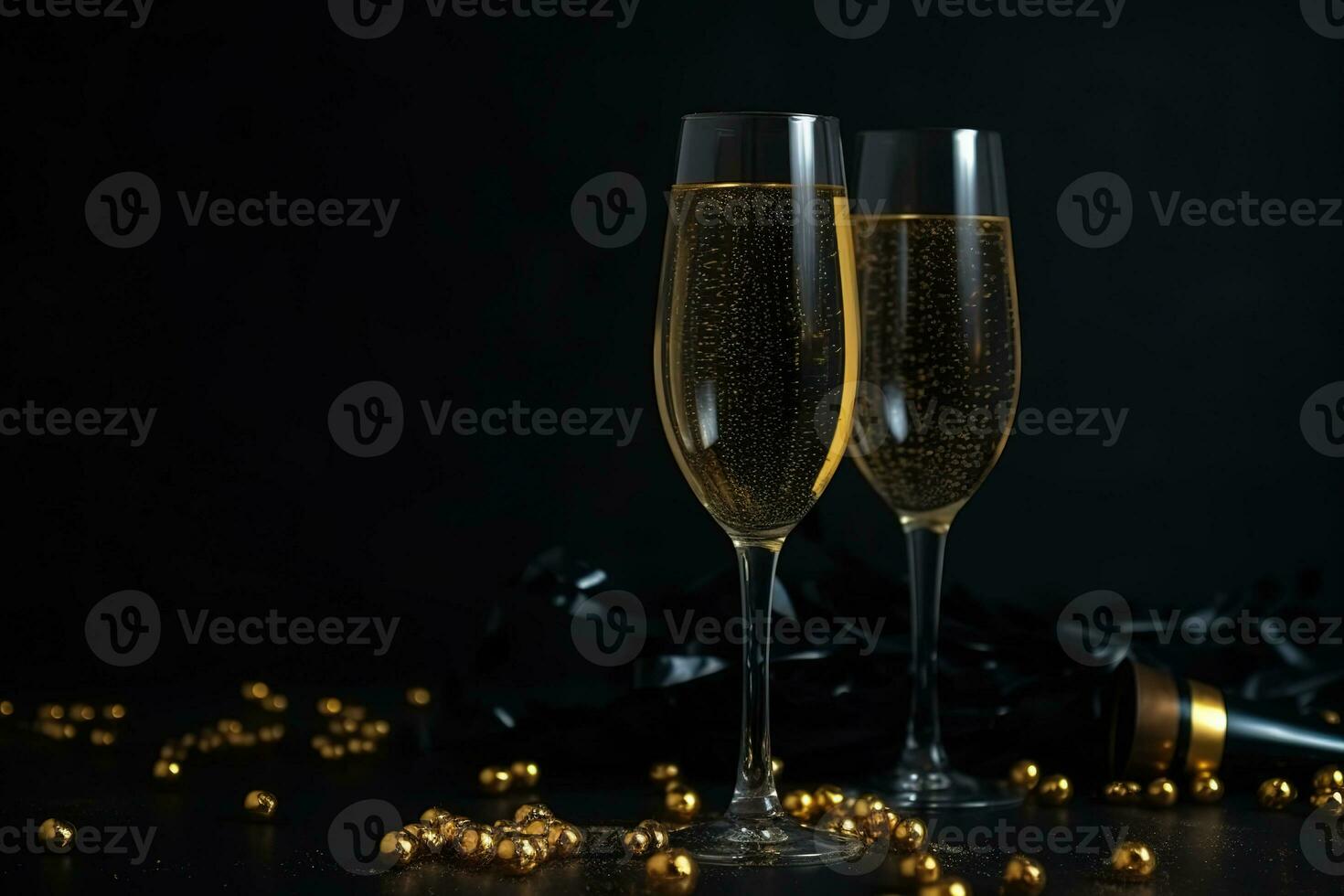 ai gegenereerd twee bril van Champagne met goud confetti Aan een zwart achtergrond foto