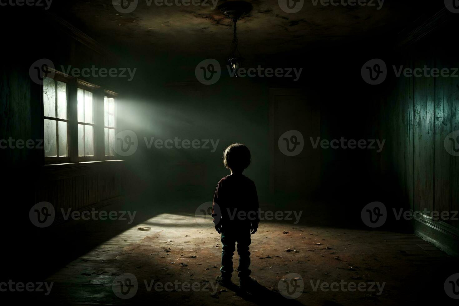 ai gegenereerd donker silhouet van kind in griezelig kamer ai generatief foto